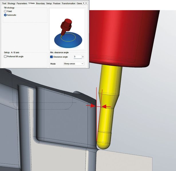 Reliable 5-axis machining with a defined clearance angle between the tool shank and the workpiece. (Source: Open Mind)