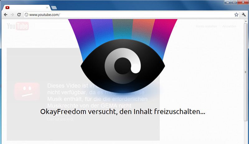 Stellt OkayFreedom eine Ländersperre fest, versucht das Programm automatisch, den Inhalt über eine ausländische IP-Adresse freizuschalten. (Bild: Steganos)