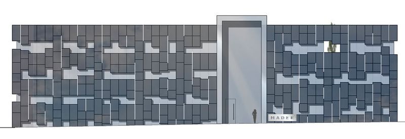 Außenansicht des geplanten Gebäudes. Die dunkel erscheinende Photovoltaikfassade soll den „alten“ Gebäudeteil auf der linken Seite optisch mit dem Neubau verbinden. (Mader)