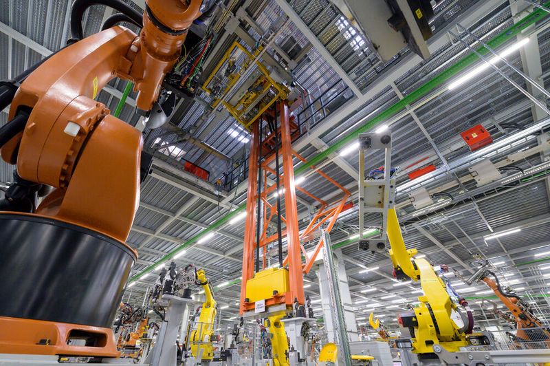 Many robot operations are required for body construction. The component is led from the ceiling down into the production line. (Image:Lapp)