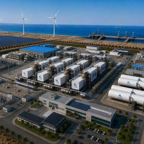 Hydrogen production plant using water electrolysis powered by renewable energy. (Source:  Hyundai E&C/AI-generated image)