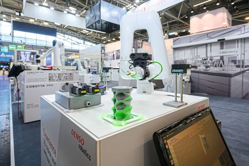 High-Speed-Automation: Der Scara-Roboter HSR-055 von Denso Robotics demonstriert in Hannover eine hochdynamische Pick-and-Place-Anwendung für extrem kurze Zykluszeiten. (Bild: Denso Robotics)