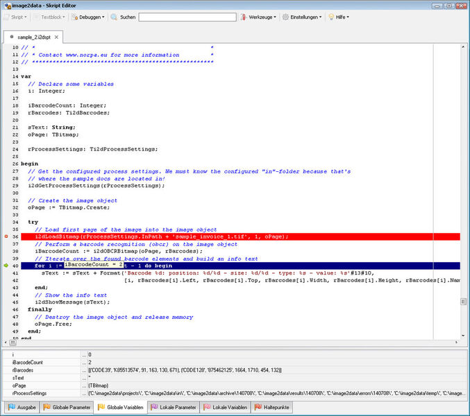 „image2data Developer“: integrierte Entwicklungsumgebung für „image2data Skript“ (Bild: Norpa GmbH)