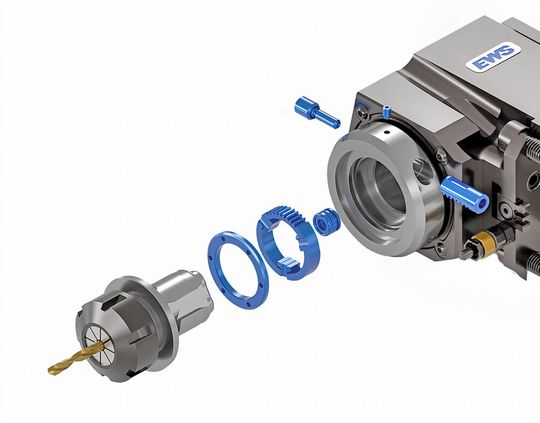 Diagram show the interface between an EWS Varia base unit (right), which remains in the lathe turret, and a toolholder and cutter mounted in a quick-change adapter. This rapid tool exchange mechanism is used across the company’s entire range of VX, VXT and VXP lathe toolholders.(Source:  EWS)