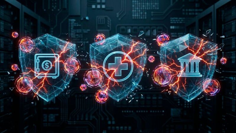 Quantenangriffe bedrohen die kryptografischen Schutzschilde von Finanz-, Gesundheits- und Regierungssektor gleichermaßen. Klassische Verschlüsselung versagt unter Quantendruck, hybride Post-Quantum-Kryptografie soll sie ersetzen.(Bild:  Gemini / KI-generiert)