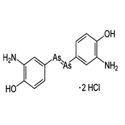 Salvarsan (1908)

 Arsphenamin ist eine organische Arsenverbindung, mit der erstmals die Behandlung der Syphilis möglich war. Chemisch handelt es sich um das Dihydrochlorid von 3,3'-Diamino-4,4'-dihydroxy-arsenobenzol.
 (Archiv: Vogel Business Media)