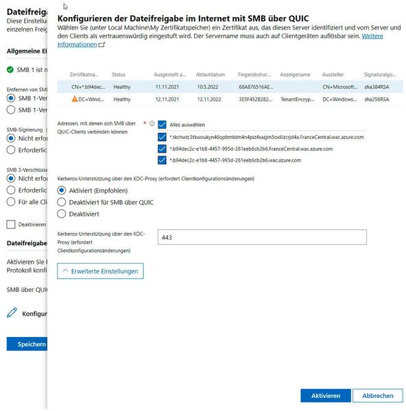 Das Konfigurieren von „SMB-over-Quic“ im „Windows Admin Center“ und Zuweisen der Zertifikate (Thomas Joos/ Microsoft)