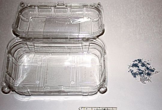 Von einer Obstschale aus PET (links) blieben nach dem Versuch lediglich Farbstoff und Reste von Schnittkanten zurück. (Bild:  Christian Sonnendecker)