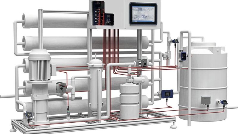 Eine klassische RO-Anlage als kompakte Skid-Lösung, komplett betriebsbereit mit Jumo-Sensoren und Automatisierungssystem variTron(Bild:  Jumo)