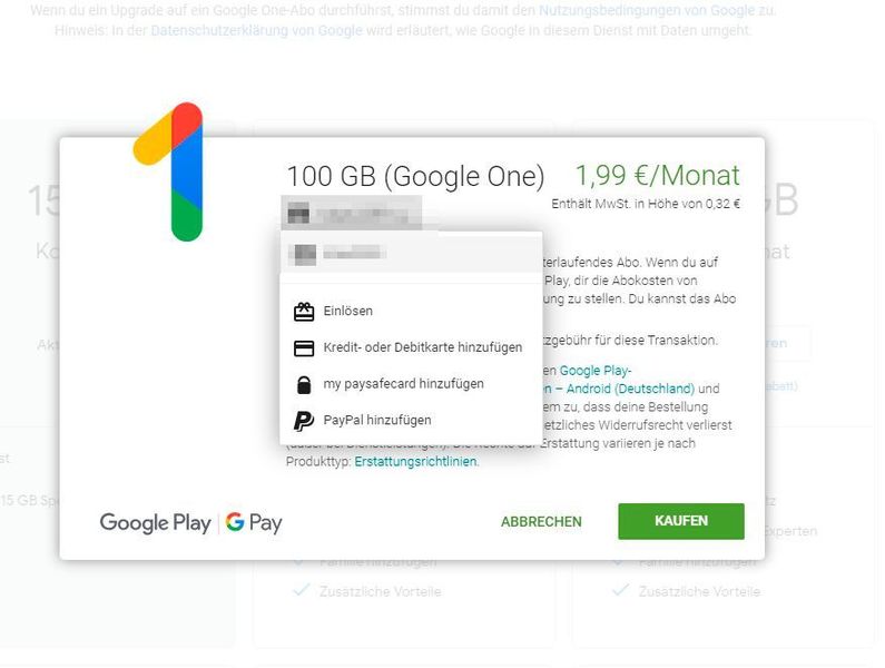 Auswahl der Bezahlmethode bei Abschluss des Abonnements. (Google / Screenshot Thomas Joos)