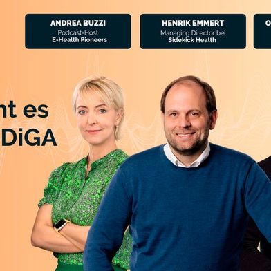 In der ersten Live-Folge des Podcast E-Health-Pioneers diskutierten Gastgeberin Andrea Buzzi und Co-Host Oliver Struckmeier mit Henrik Emmert über den Status quo bei den Digitalen Gesundheitsanwendungen. (Bild: © The Medical Network)