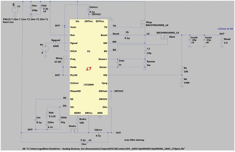 Bild 9: Beschaltung des LTC3896, simuliert mit LTspice.  (Bild: Analog Devices)