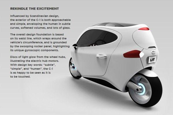 Das C1 von Lit Motors: zwei Gyroskope sorgen dafür, dass der elektrische Zweiradkabinenroller nicht umfallen kann - auch nicht bei einem Unfall (Lit Motors)