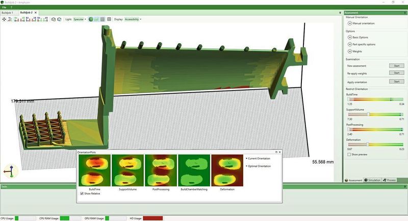 Amphyon Benutzeroberfläche: Optimierung der Aufbaurichtung unter Berücksichtigung aller möglichen Orientierungen. (Additive Works)