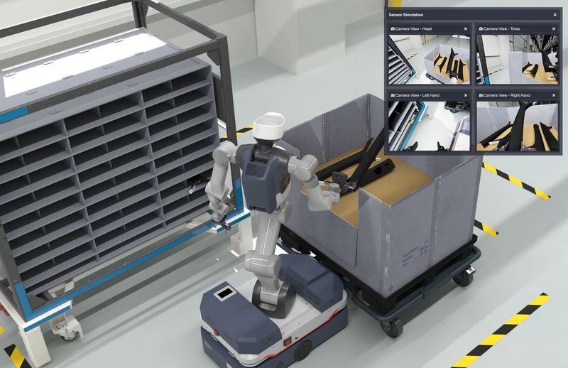 Im virtuellen Zwilling auf der 3DEXPERIENCE Plattform von  Dassault Systèmes werden Machbarkeit, Durchlaufzeiten, Ergonomie und Sicherheit des  Robotereinsatzes getestet. Im Bild eine simulierte Darstellung. (Bild: Audi AG)