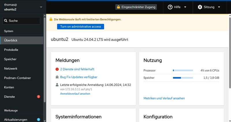 Linux-Server lassen sich mit dem Web-Browser mit „Cockpit“ verwalten.(Bild:  Thomas Joos)