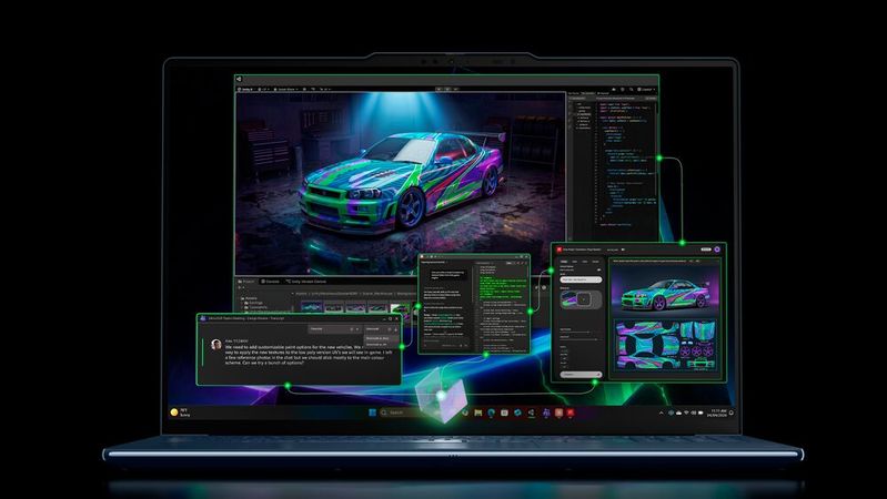 Das Premium-Convertible-Notebook Lenovo Yoga Pro 9n 2-in-1 mit Nvidia-RTX-Spark-Prozessor soll auch anspruchsvolle KI-Workloads lokal ausführen. Dafür verfügt das 16-Zoll-2-in-1-Notebook über 128 GB Unified Memory mit einer Geschwindigkeit von 9400 MT/s. In dem ARM-Prozessor ist eine Blackwell-RTX-GPU integiert. (Bild:  Lenovo)