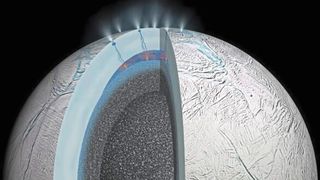 Darstellung des Saturnmondes Enceladus. Die Abbildung zeigt die hydrothermale Aktivität des Mondes und die Risse in der Eiskruste. Durch die Risse werden Eisteilchen, die sich aus dem unterirdischen Ozeanwasser bilden, in das Weltall ausgestoßen. (Bild: NASA/JPL-Caltech)