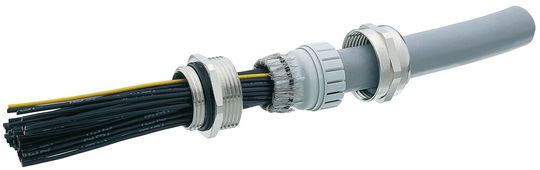 EMV-Kabelverschraubung mit integrierter Knickschutzspirale: Der Knickschutz verhindert das Abknicken des Kabels und schützt so vor einem Freiliegen des Kabels bzw. dessen Litzen. Auch diese Ausführung gewährleistet elektromagnetische Verträglichkeit gemäß EMV-Anforderungen.(Bild:  Hummel)