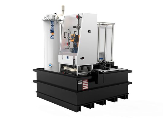 Dosier- und Entleerstation für Intermediate Bulk Container (IBC) für die Anforderungen der Lebensmittel- und Getränkeindustrie Dulcodos Safe-IBC F&B (Bild:  ProMinent)