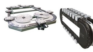 Fest verkettete Systeme wie Hepco Motions neuestes Produkt, das DTS+ (li.), kommen im Komplettpaket. Antriebssysteme mit Linearmotor wie das Beckhoff XTS (re.) mit Hepco Motions speziell auf das System angepasstem Linearführungssystem bieten Flexibilität.  (Hepco Motion)