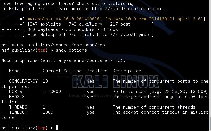 Sind die Dienste aktiv, wird die entsprechende Verwaltungskonsole mit „msfconsole“ gestartet. Sind alle notwendigen Dienste geladen, lässt sich mit „use auxiliary/scanner/portscan/tcp“ ein Portscan initiieren. Der Befehl „show options“ zeigt die zur Verfügung stehenden Befehle an. (Bild: Thomas Joos)