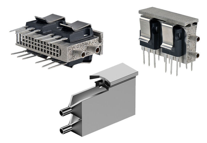 The fluid heatsink FLKU 10 is made of a stainless austenitic steel (V4A) using a 3D printing process and contains a separate cooling circuit on each assembly side.  (© Fischer Elektronik GmbH & Co. KG)