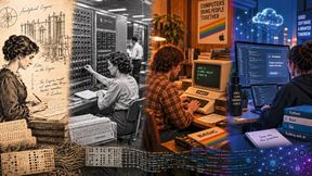 The Evolution of Coding: In the past, programs were written by hand and fed into the computer using punch cards and switches. Today, in the age of “vibe coding,” computers can largely program themselves. (Image:Dall-E / AI-generated)