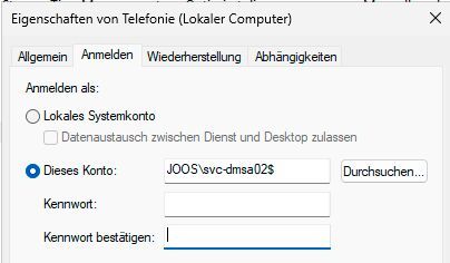 Konfiguration eines Windows-Dienstes zur Anmeldung mit einem delegierten verwalteten Dienstkonto ohne lokale Kennwortspeicherung. (Bild: Joos)