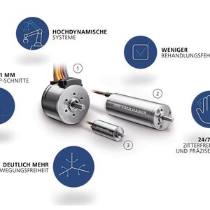 Sorgen im Roboter für den Antrieb: Bürstenlose DC-Flachmotoren mit integriertem Encoder der Serie 3216…BXT IEF3-4096 (1), sterilisierbare, bürstenlose DC-Servomotoren der Serie 2057…BA (2) und DC-Kleinstmotoren der Serie 1024…SR (3).(Bild:  Dr. Fritz Faulhaber)