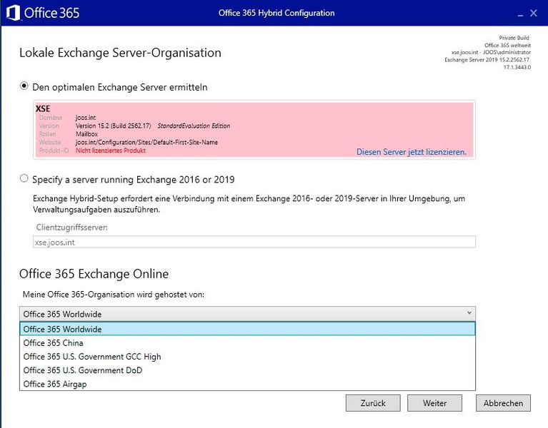 Der Assistent ermittelt den lokalen Exchange Server und die Cloud-Umgebung, die Graph-basierten Hybrid-Workflows stehen zunächst für Office 365 Worldwide bereit, nicht für GCC High, DoD oder Airgap. (Bild: Joos - Microsoft)