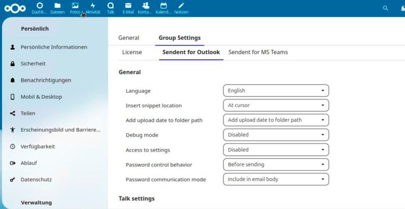Zentrale Konfiguration der Sendent-App für Outlook. (Bild: Joos)