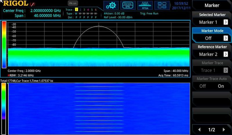 Bild 8: Messung eines Impulses von 7,45 µs (Periode = 1 s) mit einer Amplitude von -35 dBm. Jeder Impuls wird mit korrekter Amplitude erfasst. (Rigol)