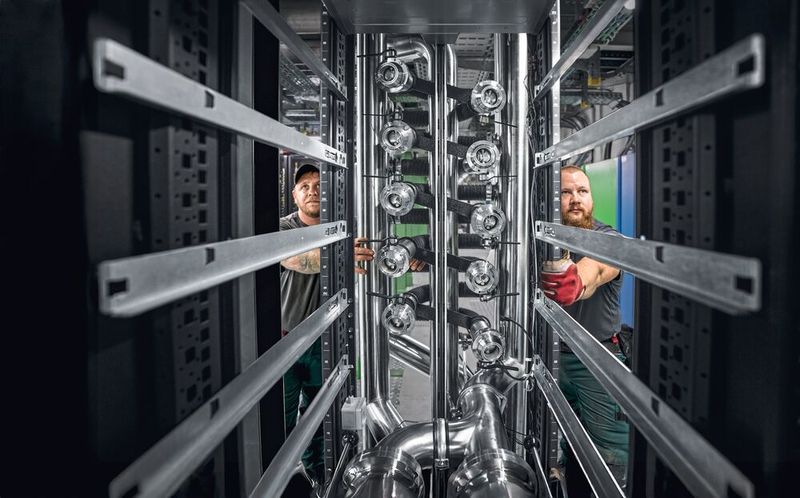 Bild 1:  Direct Liquid Cooling kommt nicht zuletzt durch Millimeterarbeit mit viel Augenmaß und Muskelkraft ins Rechenzentrum. (Bild: Rittal)