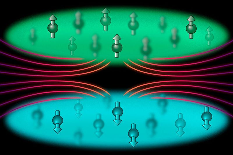 MIT physicists developed a technique to arrange atoms (represented as spheres with arrows) in much closer proximity than previously possible, down to 50 nanometers. The group plans to use the method to manipulate atoms into configurations that could generate the first purely magnetic quantum gate — a key building block for a new type of quantum computer. In this image, the magnetic interaction is represented by the colorful lines. (Source: Courtesy of the researchers; MIT News)
