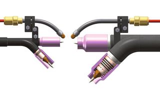 Dinse hat mit den neuartigen WIG-Automatenschweißbrennern Tetz 85xx (rechts) und 74xx Schweißequipment an den Start gebracht, mit dem, wie es heißt, das Wolfram-Inertgas-Schweißen ein neues Niveau erklommen hat. 
 (Dinse)