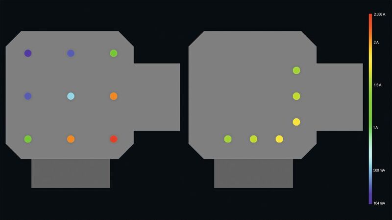 Bild 2: Die unterschiedliche Stromverteilung von 0,1 bis 2,3 A in einem Via Feld (links) und die Optimierung (rechts) nach der Simulation.