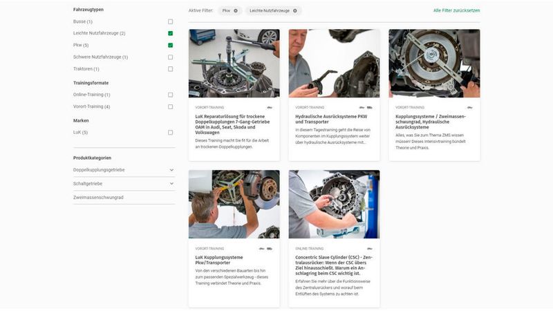 Technische Trainings: Im neu gestalteten Trainingsbereich vermitteln die zahlreichen REPXPERT-Schulungen umfangreiches Theorie- und Praxiswissen. Die Präsenztrainings, Online-Schulungen und E-Learnings sind entweder direkt abrufbar oder buchbar über einen integrierten Kalender mit Online-Anmeldung. Das Angebot umfasst viele Themen aus den Segmenten Antrieb, Motor und Fahrwerk für Pkws sowie leichte und schwere Nutzfahrzeuge und wird regelmäßig erweitert. (Schaeffler)
