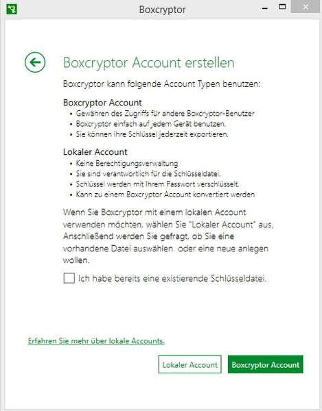 Beim ersten Start können Anwender auswählen, ob sie sich bei BoxCryptor registrieren oder mit einem lokalen Konto arbeiten wollen. Beides ist möglich, die Vorteile des BoxCryptor-Kontos sind hier zu sehen. (Bild: Thomas Joos)
