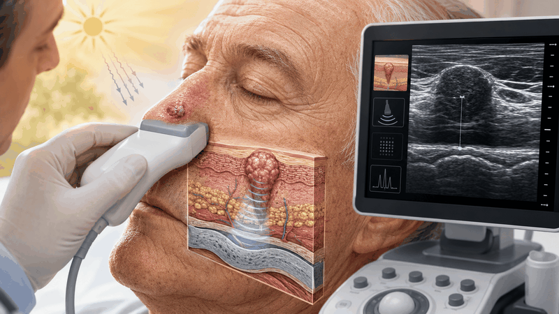 Hochfrequenzultraschall kann vor einer Operation sichtbar machen, wie tief ein Hauttumor in das Gewebe hineinreicht und ob Knorpel oder andere Strukturen betroffen sind. Die Sonografie ergänzt damit die klinische Untersuchung und unterstützt die Planung des Eingriffs.(Bild:  Guido Deußing / KI-generiert)