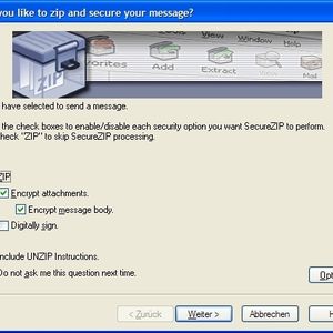 Nach dem Klick auf „Senden“ in Outlook fragt SecureZIP, ob die Mail und die Anhänge verschlüsselt und signiert werden sollen.
