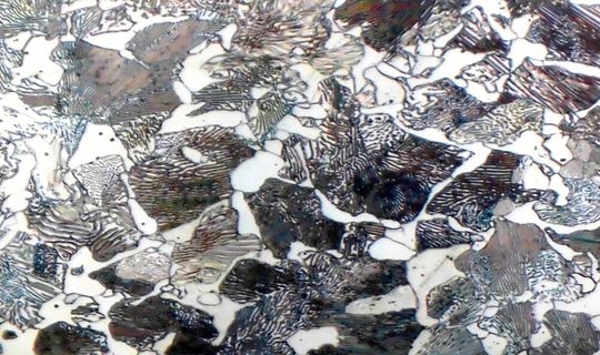 Blick auf das Schliffbild eines Stahlgussgefüges. Forscher des Fraunhofer-Instituts LBF untersuchen nun unter der Leitung der RWTH Aachen, wie der digitale Zwilling dazu genutzt werden kann, ultraleichte Produkte aus Gusseisen mit Kugelgraphit (GJS) zu entwickeln.(Bild:  RWTH Aachen)