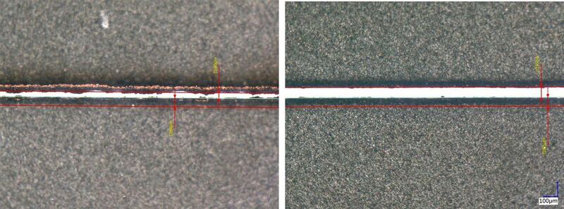 Sonplas hat mit dem Axialscan-II-50 von Raylase Graphit-Anoden mit 260 Mikrometer Dicke bearbeitet. Links vor der Bearbeitung, rechts danach. Man sieht, wie sauber die Schnittkanten sind. (Sonplas)