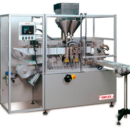 Enflex is presenting F-11, a machine that manufactures, fills and seals flat flexible pouches specifically designed for the pharmaceutical industry. (Source:  Coesia)