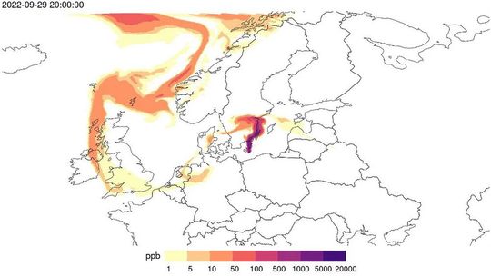 Mit ICON-Art modellierte Abluftfahne des Methans aus den Nordstream-Lecks.  Auch solche Methanwolken können mit dem ITMS detektiert werden.(Bild:  DWD)