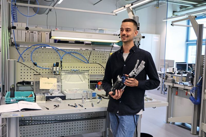 Um den Spielraum von Daumen und Zeigefinger im Vergleich zur ersten Version der Bionic Soft Hand zu erweitern, haben die Entwickler den seitlichen Schwenkbereich beider Finger deutlich vergrößert, wie Designer Sebastian Schrof erklärt.  (Ute Drescher/konstruktionspraxis)
