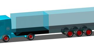 Mehrkörpersimulationsmodell des gesamten Transportfahrzeugs aus Zugmaschine und Trailer mithilfe von MSC.Adams, wie es am Fraunhofer-LBF erarbeitet wurde. (Bild: Fraunhofer-LBF)
