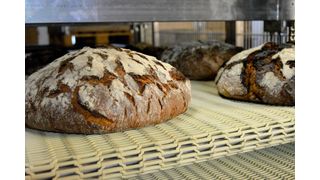 Man kann es förmlich riechen: frisch gebackenes Krustenbrot auf einem Gliederbandförderer des Paternosterregals Lago. (Bild: MFI)