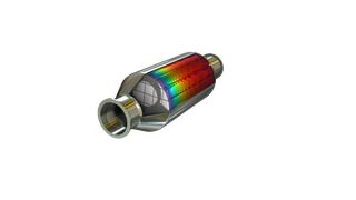 Un modelo de un reactor monolítico con una representación de isocuras que muestra la concentración de una especie química. (Bild: COMSOL)