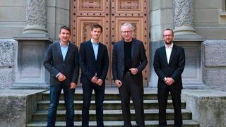 Together on a common journey (from left): Philipp Haslebacher and Simon Zumbrunnen of ReseaTech with Bürkert CEO Heribert Rohrbeck and project manager Caspar von Schoeler on campus in Bern.  (Bürkert Fluid Control Systems)